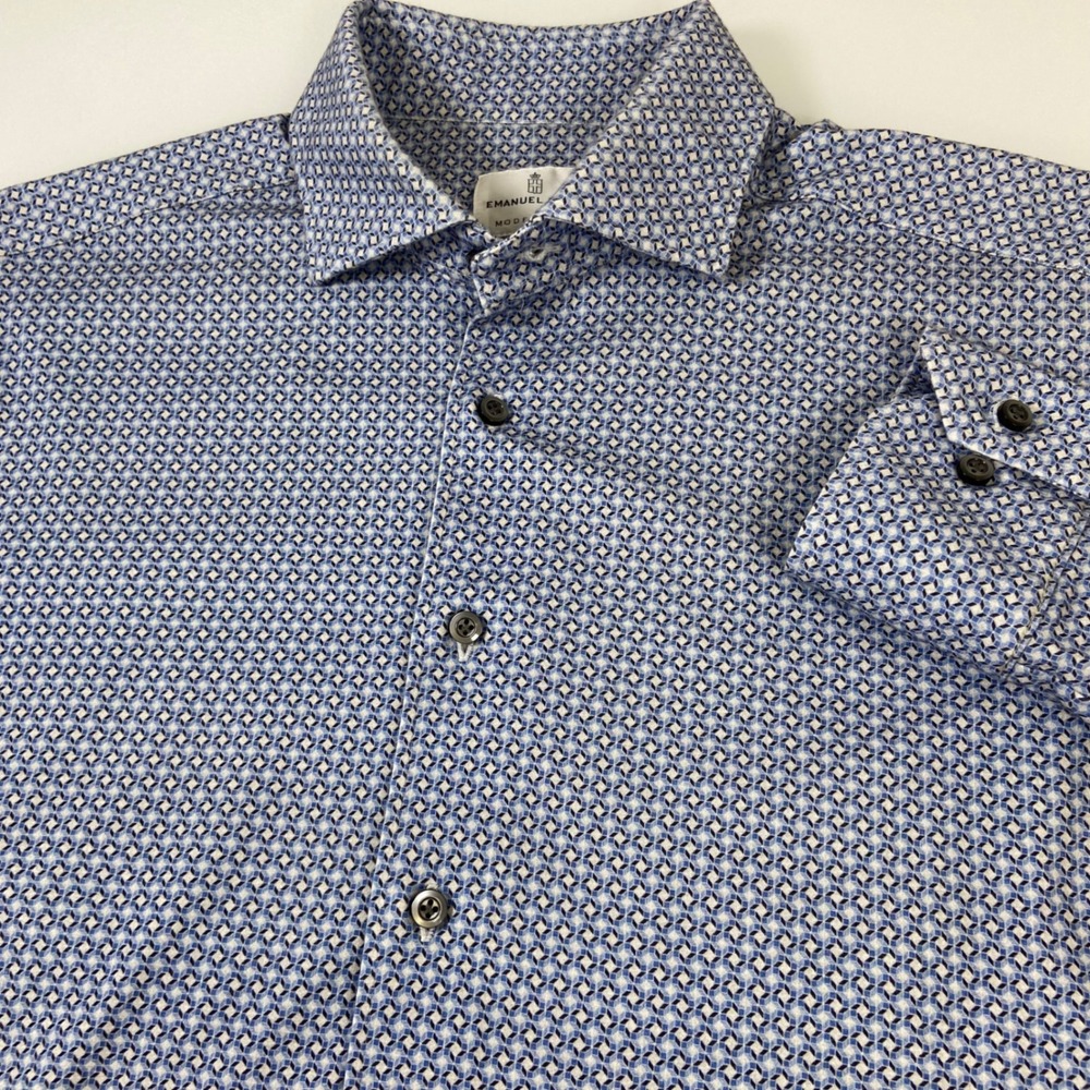 Emanuel Berg Mens S(READ) Blue Geometric Print Jersey Dress Shirt Modern Fit